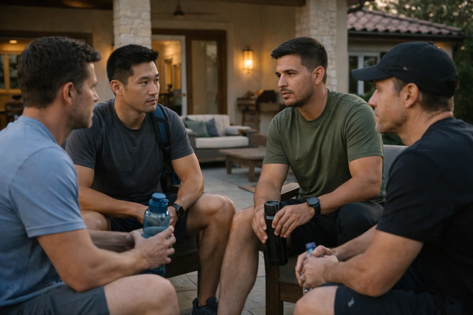Several adult men in sober living having a direct, supportive conversation after activity, reflecting brotherhood and accountability.